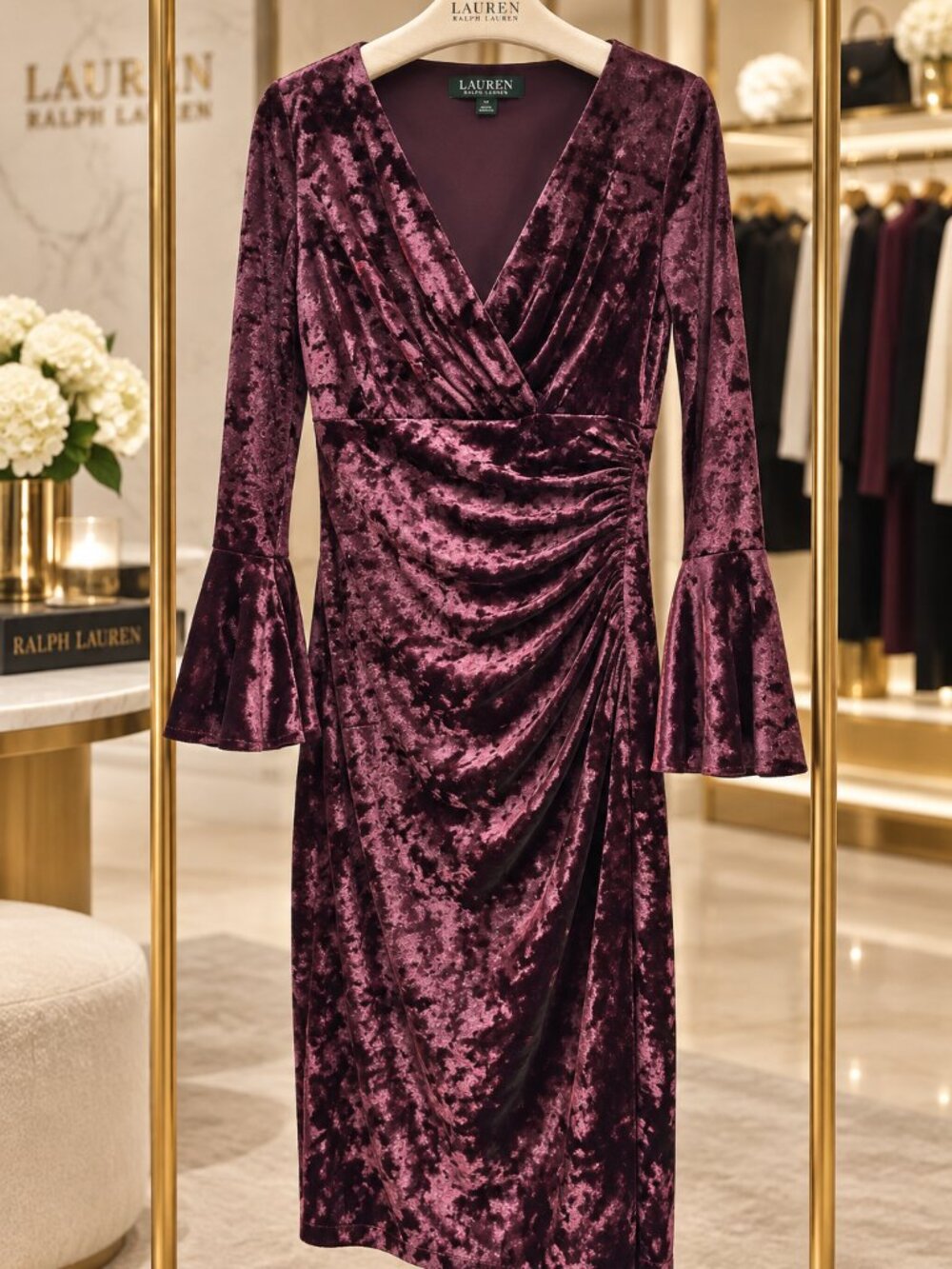 Lauren Ralph Lauren Burgundy Velvet Ruched dress Size 0 | Fall 2026 It Colour